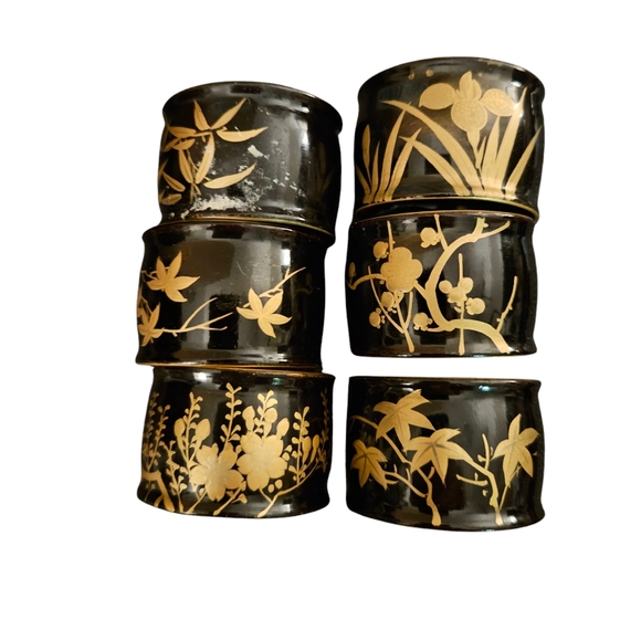 Asian Hand Painted Black Lacquered Napkin Rings With Gold Botanicals Set Of 6 - Picture 1 of 4